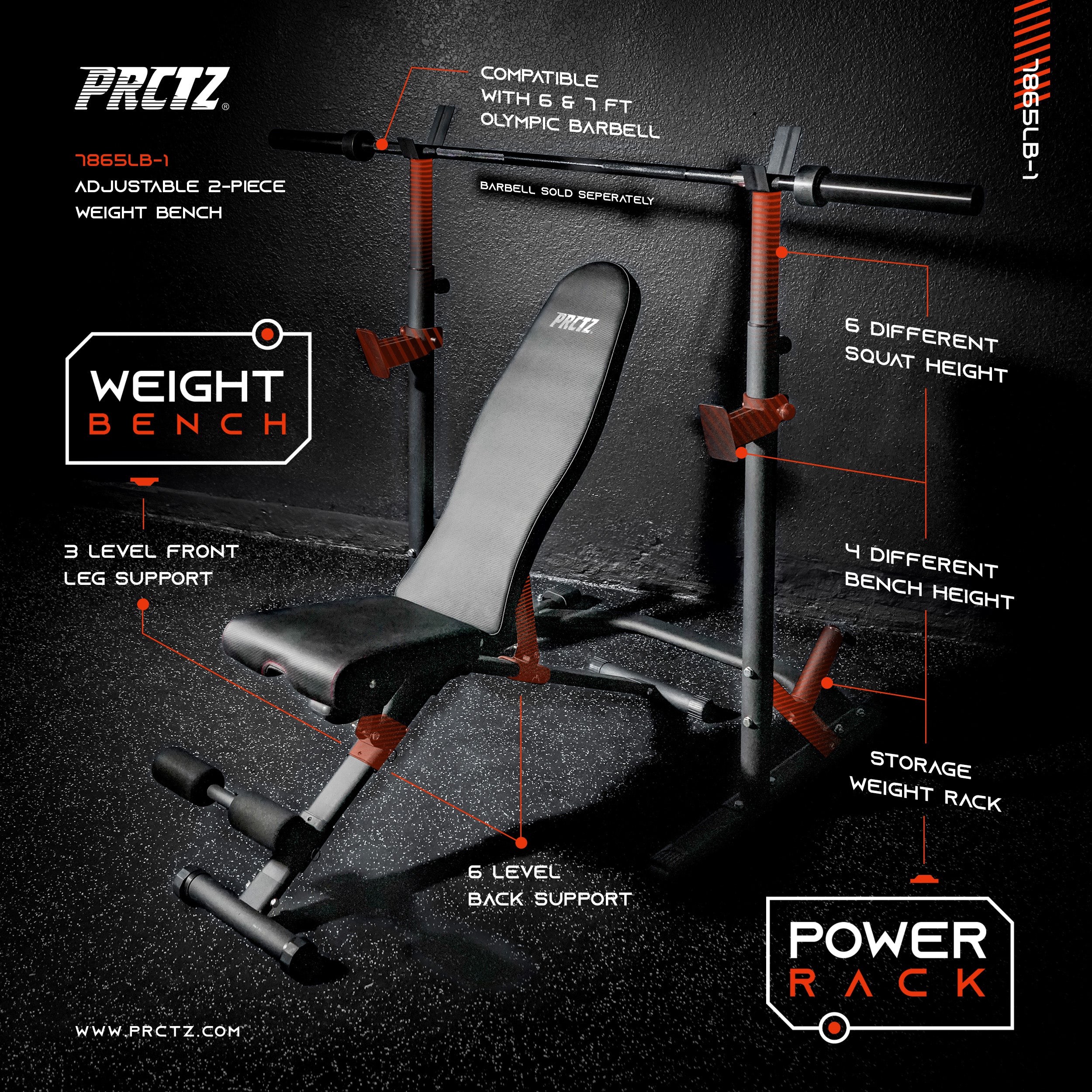 PRCTZ Two Piece Olympic Weight Bench with Squat Rack Foldable FID Ben