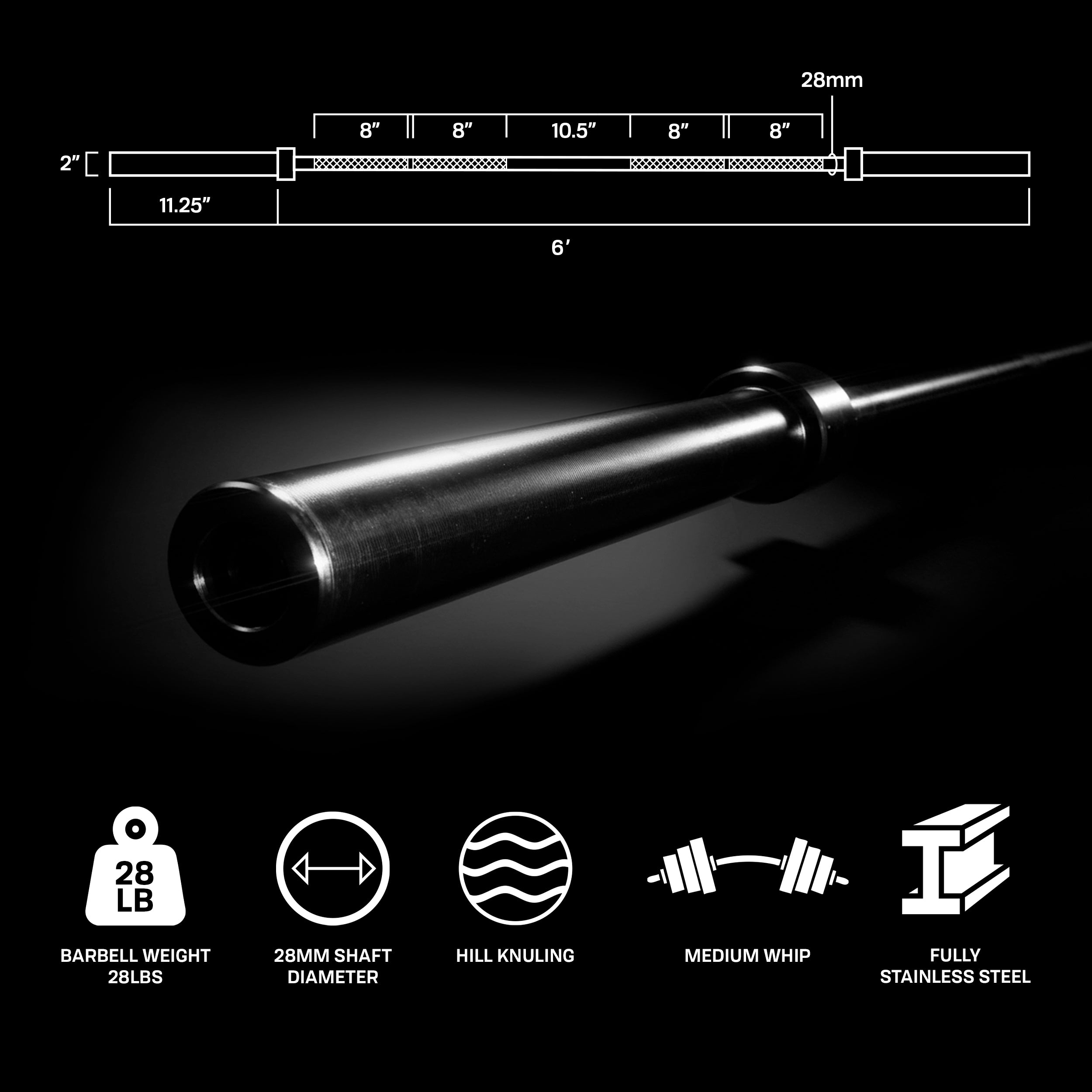 PRCTZ 6ft Olympic Barbell with with 2 In. Sleeve Diameter, 28 Pound We